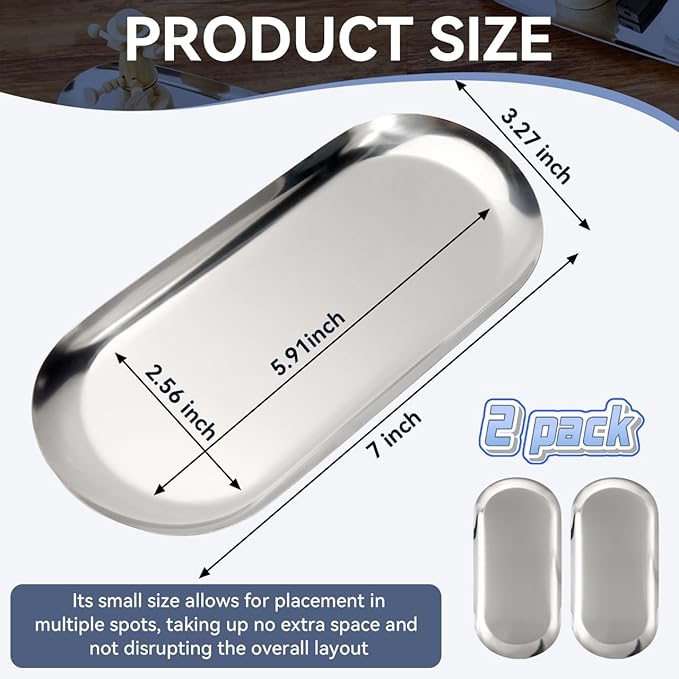 2PACK Silver Decorative Tray,Oval Stainless Steel Trays, Decorative Tray for Jewelry Dish Cosmetics Organizer Bathroom Clutter Serving Platter (Silver, 7 in)