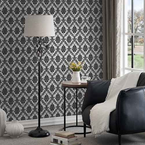 17.7" x118" Peel and Stick Wallpaper Black Wall Paper for Bedroom Damask Gothic Wallpaper Black Contact Paper for cabiner Shelf Liner Furniture Decorative Wall Vinyl