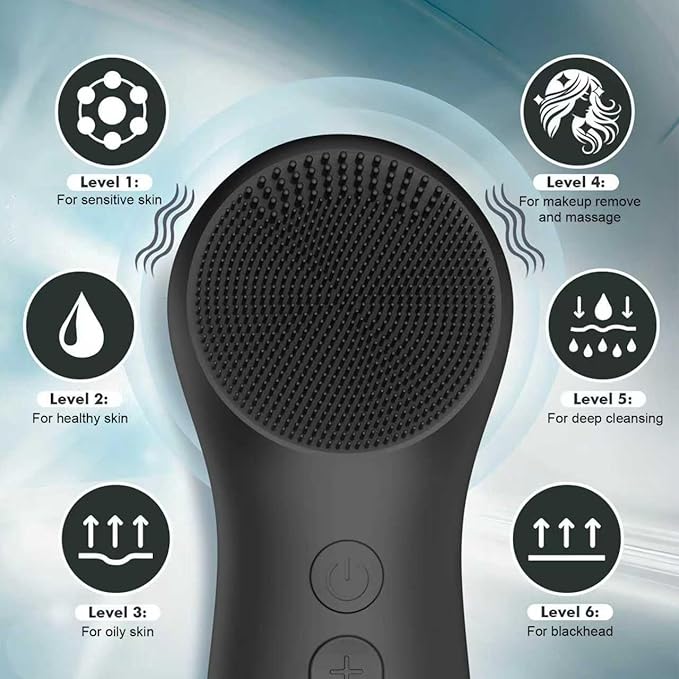 LZP Silicone Face Scrubber, Electric Facial Cleansing Brush with 6 Speeds Vibration Technology, Rechargeable & Waterproof Exfoliating Scrub Brush for Cleansing and Massaging, Men Women