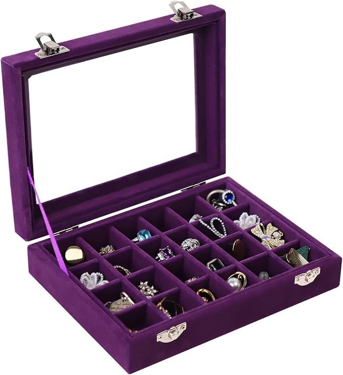 Velvet Jewelry Box 24 Grid Jewelry Earrings Display Organiser Box Ring Tray Holder Earrings Storage Case for Girls Women Wife Mom (Purple)
