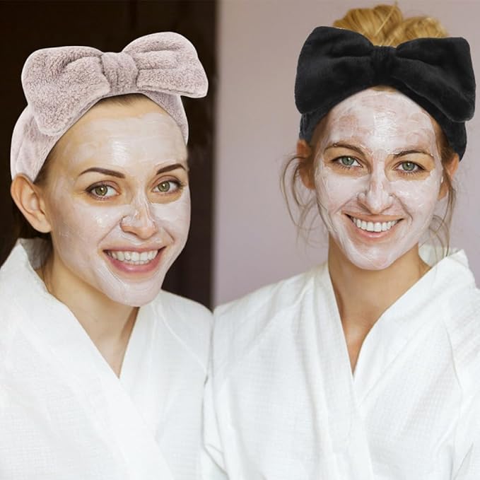 SPA Headbands for Washing Face Makeup Headbands with Bow Hair Band Women Facial Head Band Wrist Towel Wraps For Shower Face Mask Black Pink White, 12 Pack
