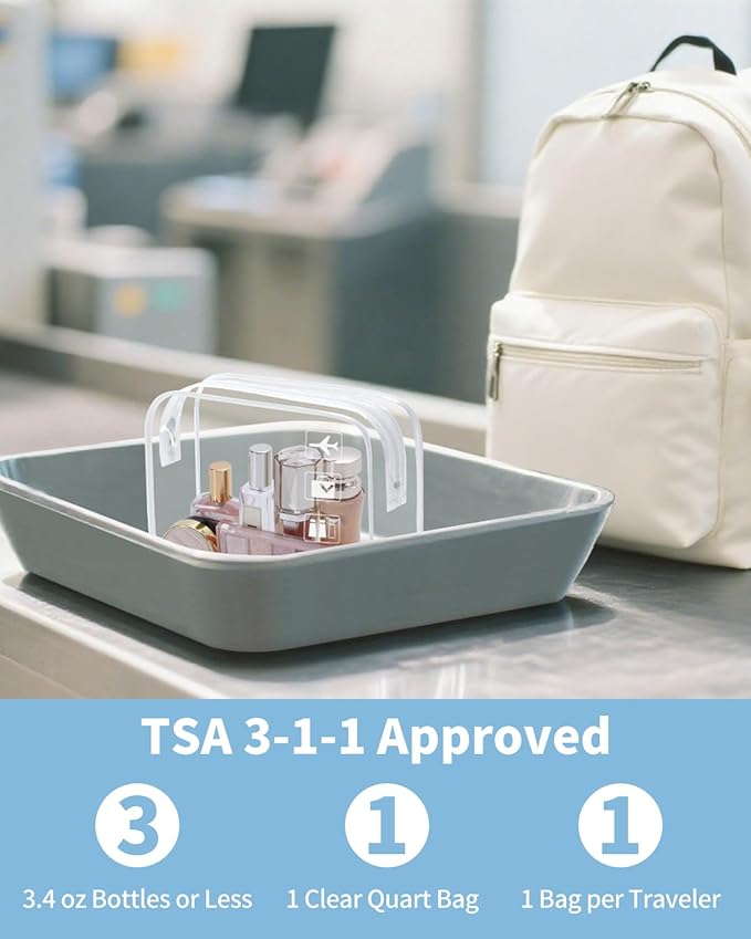 WANDF TSA Approved Toiletry Bag, 2 Packs Travel Clear Toiletry Bag, Quart Size Makeup Cosmetic Pouch with Zipper, Carry-On Airport Compliant Bag for Women and Men (2pcs White)