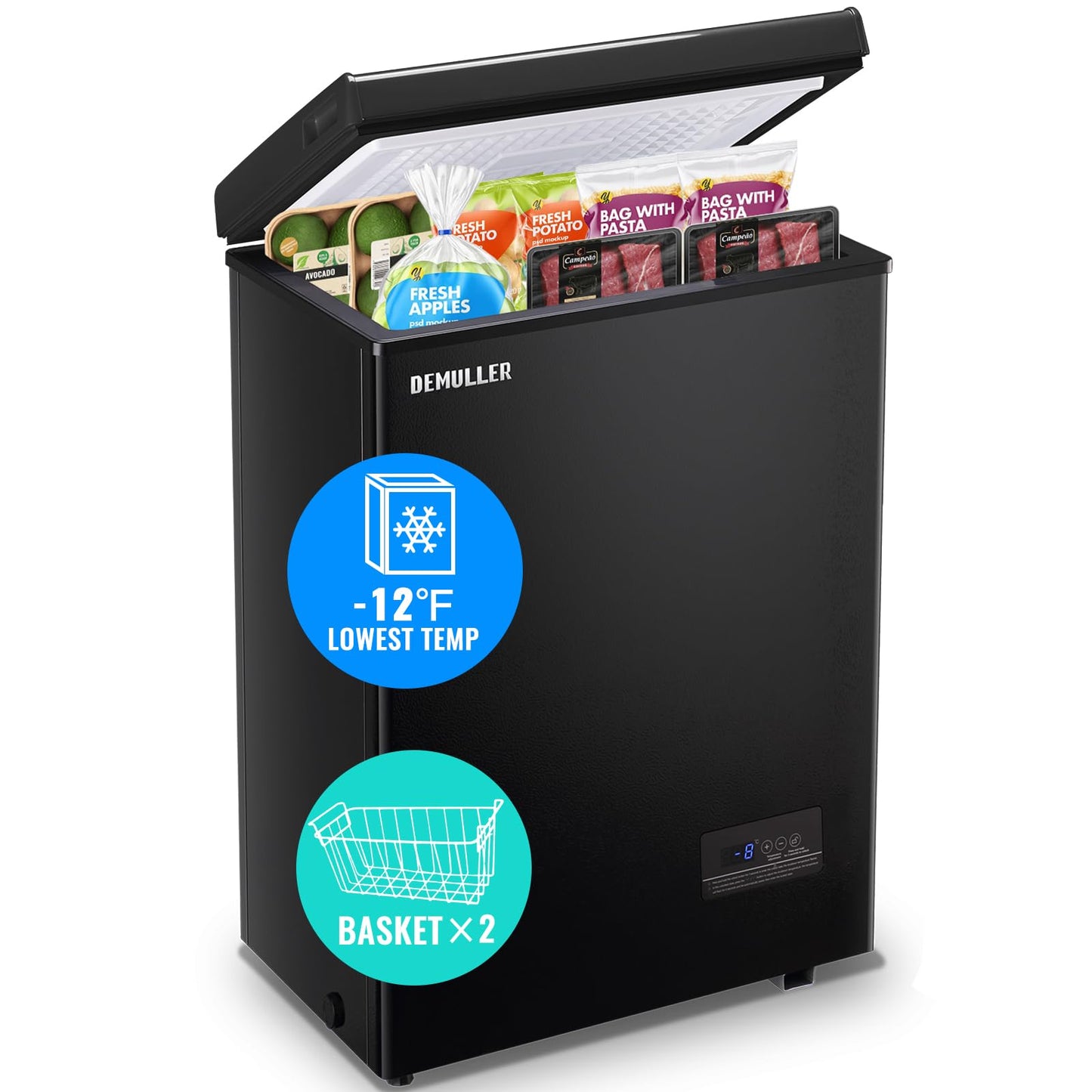 Mini Chest Freezer Compact Deep Freezing Machine with Electronic Temperature Control (Accurate to 1 ℉) Freestanding Small Freezer with 2 Removable Storage Baskets Black