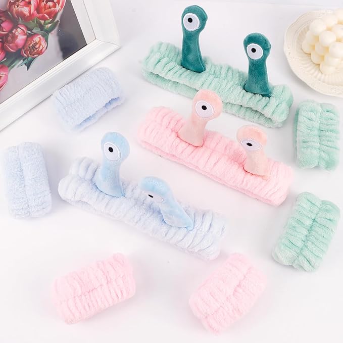 Snail Spa Headband and Wristband Set, Skincare Makeup Headband for Washing Face Cute Animal Spa Hair Bands for Women Girls Stocking Stuffers (Pink Blue Green)