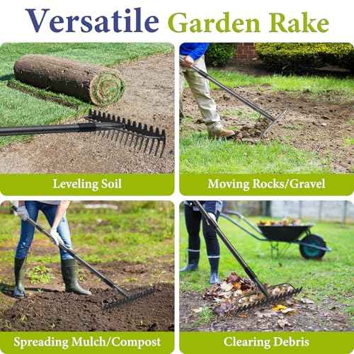 Adjustable Bow Rake Heavy Duty, Dual-Sided Steel Garden Rake Tool for Gathering Leaves, Pine Straw, Thatching, Breaking Up Soil, Leveling Gravel