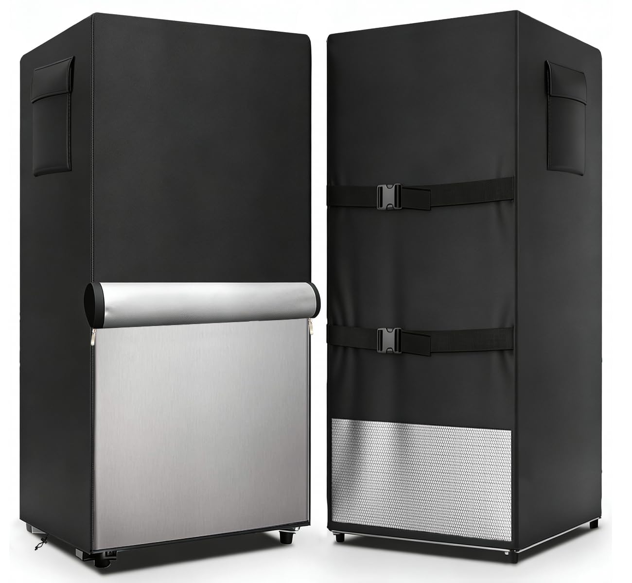 Dalema Outdoor Refrigerator Cover,600D Heavy Duty 100% Waterproof Upright Freezer Cover,Outside Stand Up Fridge Covers.Front Can Be Rolled-Up by Zippers.(Black,30" W x 33" D x 62" H)