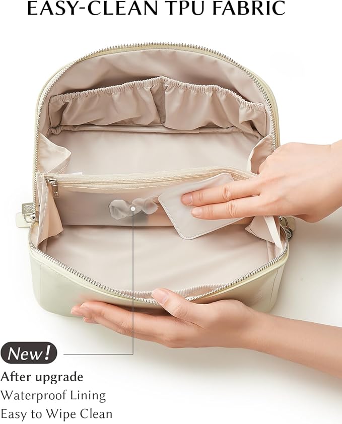 EACHY Travel Makeup Bag, Large Capacity Cosmetic Bag for Women, Waterproof PU Leather, Flat Open Portable Toiletry Bag for Skincare, Brushes & Travel Essentials