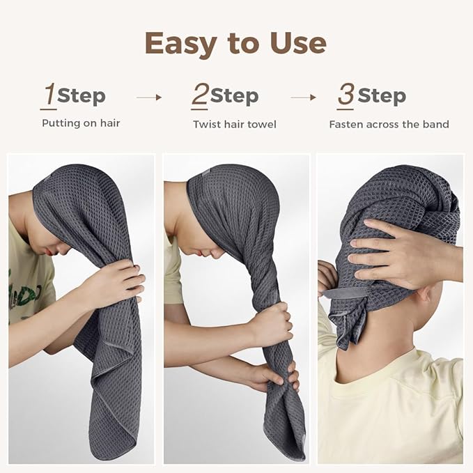 HOMEXCEL 2 Pack Large Microfiber Hair Towels Waffle Weave- 40 x 26.5 inches Fast Drying Turbans for Long, Thick, Curly Hair - Anti Frizz Wrap with Elastic Strap, Black/Grey