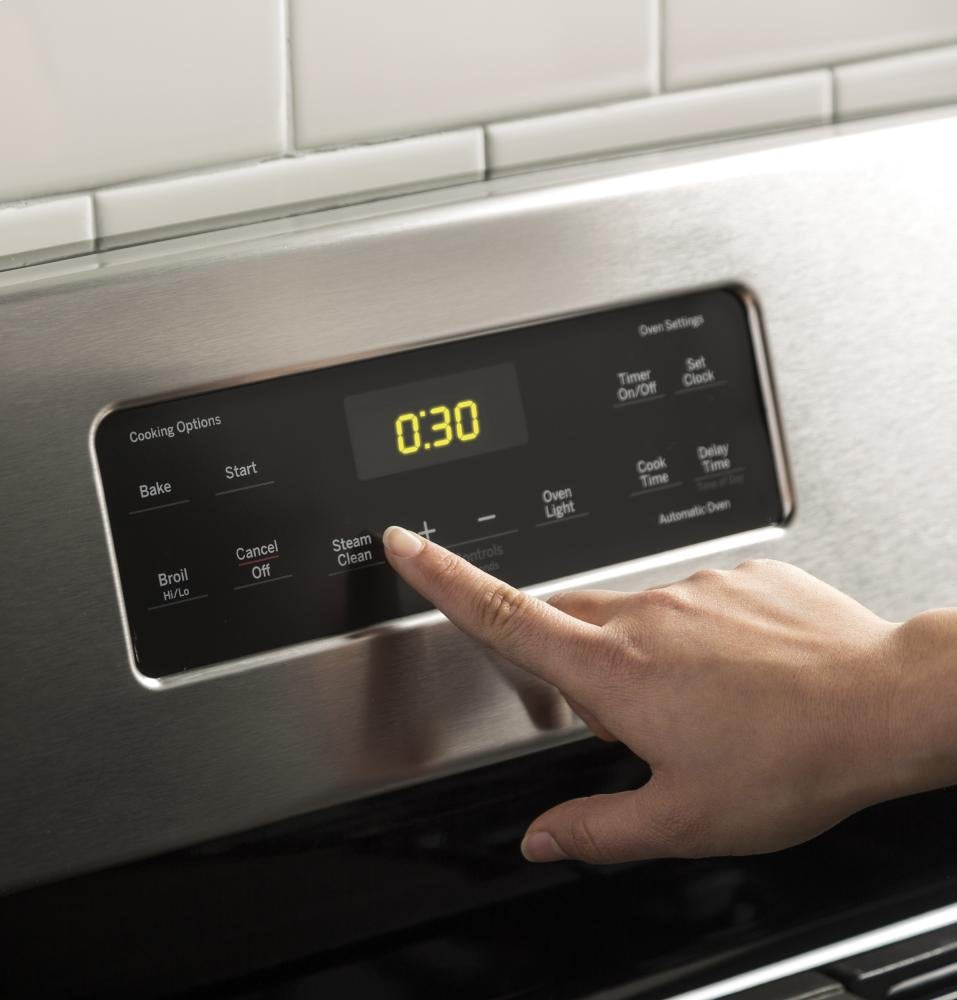 GE 30 Inch Free-Standing Gas Range, 5.0 cu. ft. Oven, 5 Sealed Burners, Broiler Drawer, Continuous Grates, Steam Clean, Simmer & Power Boil Burners, Non-Stick Griddle, Stainless Steel