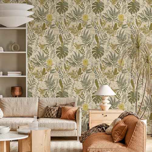 Peel and Stick Wallpaper Boho Bathroom Wallpaper Green/Yellow/Beige Wall Paper 17.7"x118" Removable Self Adhesive Contact Paper Tropical Botanical Floral Fern Leaves Wall Mural