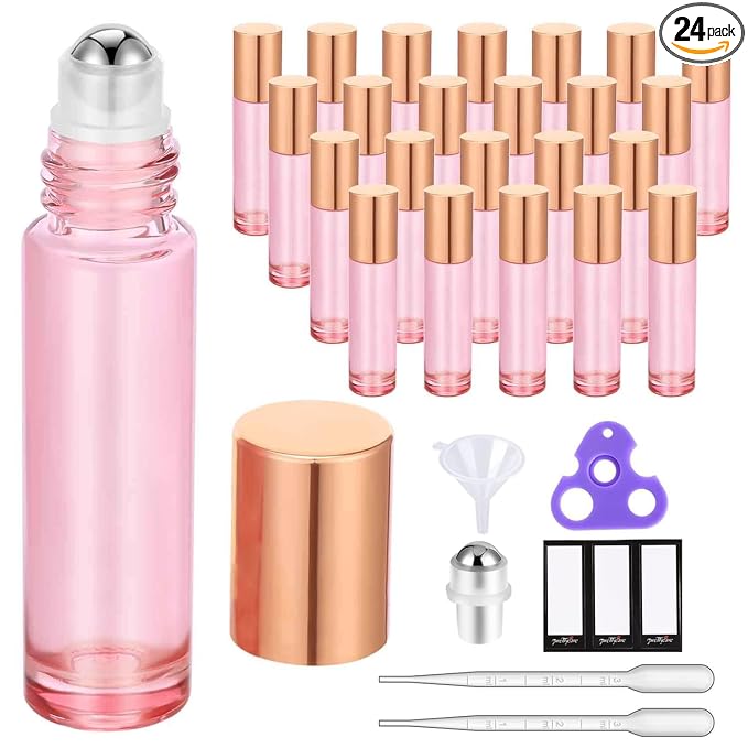 PrettyCare 24 Pack, 10 ml Essential Oil Roller Bottles with Stainless Steel Roller Ball - Refillable Leak-proof Empty Thick Pink Glass Roll on Bottles with Metal Caps for Travel, Perfume