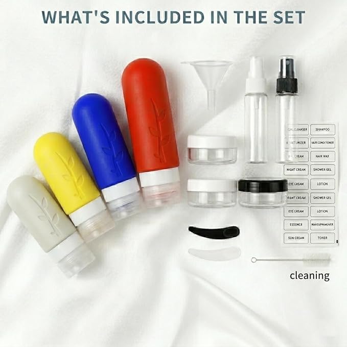 Travel Bottles Kit (16 Pack) - TSA Approved, Leak Proof Silicone Squeezable Containers for Toiletries. Complete Set with Jars, Sprayers & Bag (Fluorescent)
