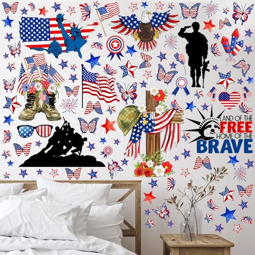 ReliThick 4th of July Wall Stickers Memorial Day Wall Decals Land of The Free Window Clings American Flag Military Soldier Boots Stickers Decor for Independence Day Party Home Office School Decor