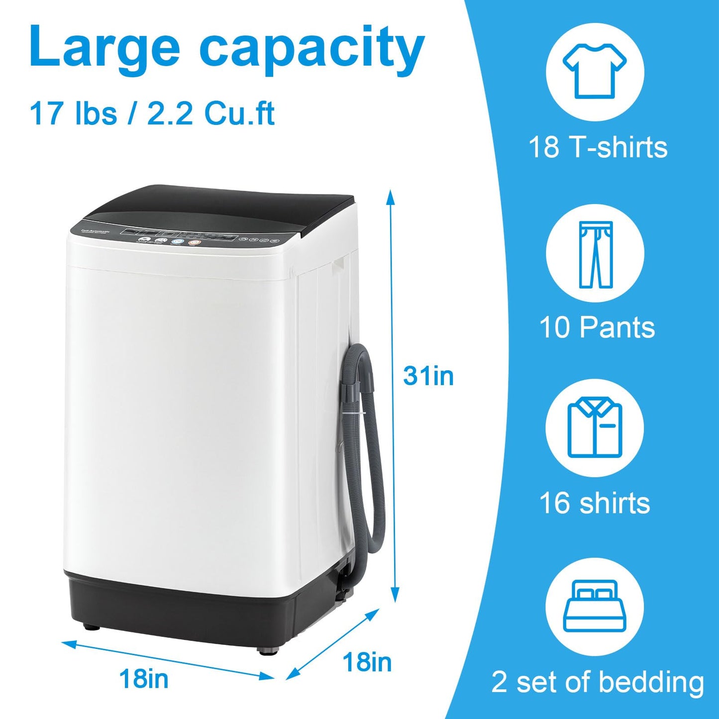 DOGHLY Portable Washing Machine, 17LBS Full Automatic Washer and Spinner, 10 Programs with Child Lock & Energy-Saving, Compact Laundry Wash Spin Dryer for Apartment RV Dorm Home