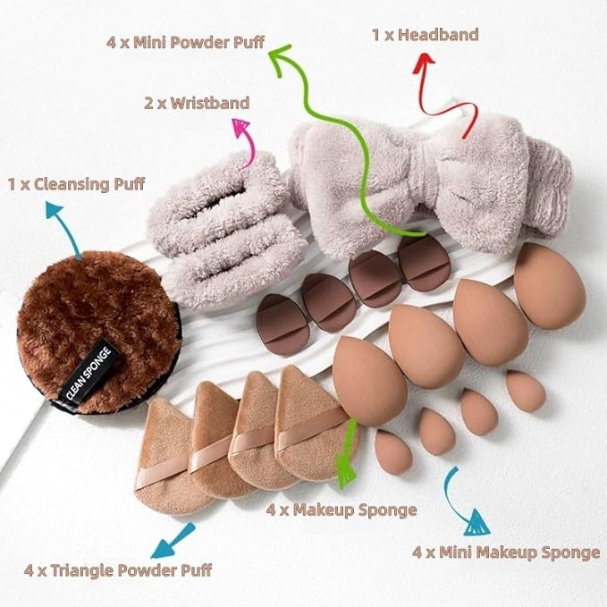 20 Pcs Makeup Sponges Set Beauty Blender Triangle Puffs Mini Sponge Spa Headband & Wristband Remover Pad Cosmetic Applicator for Powder Foundation Liquid Cream Multi - Functions Kit (Brown)