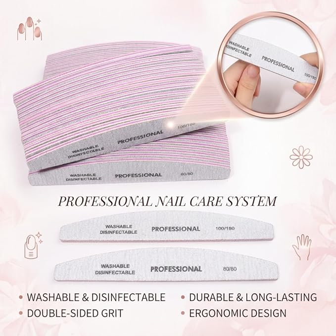 25PCS Professional Half Moon Emery Board Nail Files, 100/100 Grit Dual-Sided Buffer, Reusable Nail Filing Tools for Natural & Acrylic Nails, Home & Salon Manicure Supplies