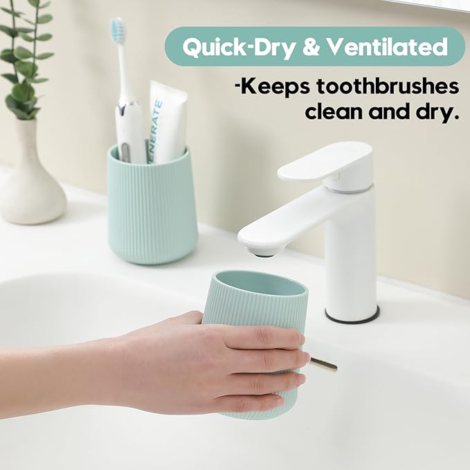 YAUKPH Green Striped Toothbrush Holder for Electric Toothbrushes Bathroom Organizer Cup for Toothpaste Kids & Adults
