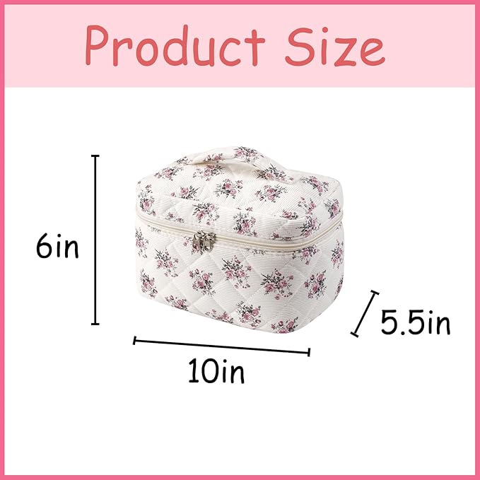 uekeboag Large Travel Quilted Makeup Bag for Women, Floral Cotton Cosmetic Bag, Coquette Aesthetic Floral Toiletry Organizer Bag