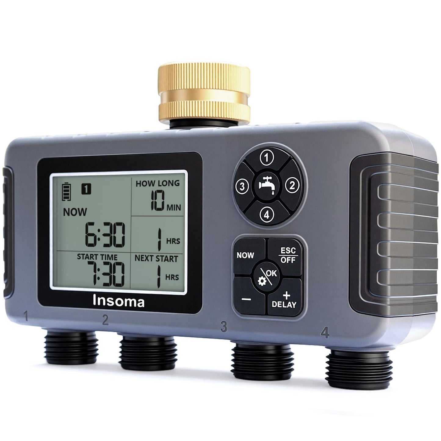 Insoma 4-Zone Water Timer with Brass Inlet, Automatic Garden Hose Timer with Manual/Rain Delay & Large Display, IPX5 Waterproof Faucet Timers for Sprinkler System, Yard, Lawn, Greenhouse