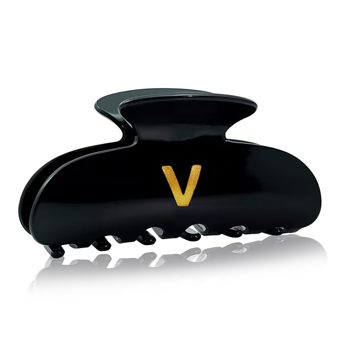 Acrylic Letter Hair Clips for Women - Black Monogram Hair Claw Alphabet Large Hair Clip, Fashion Glitter Claw Clips Elegant And Durable Hair Accessory, Letter V
