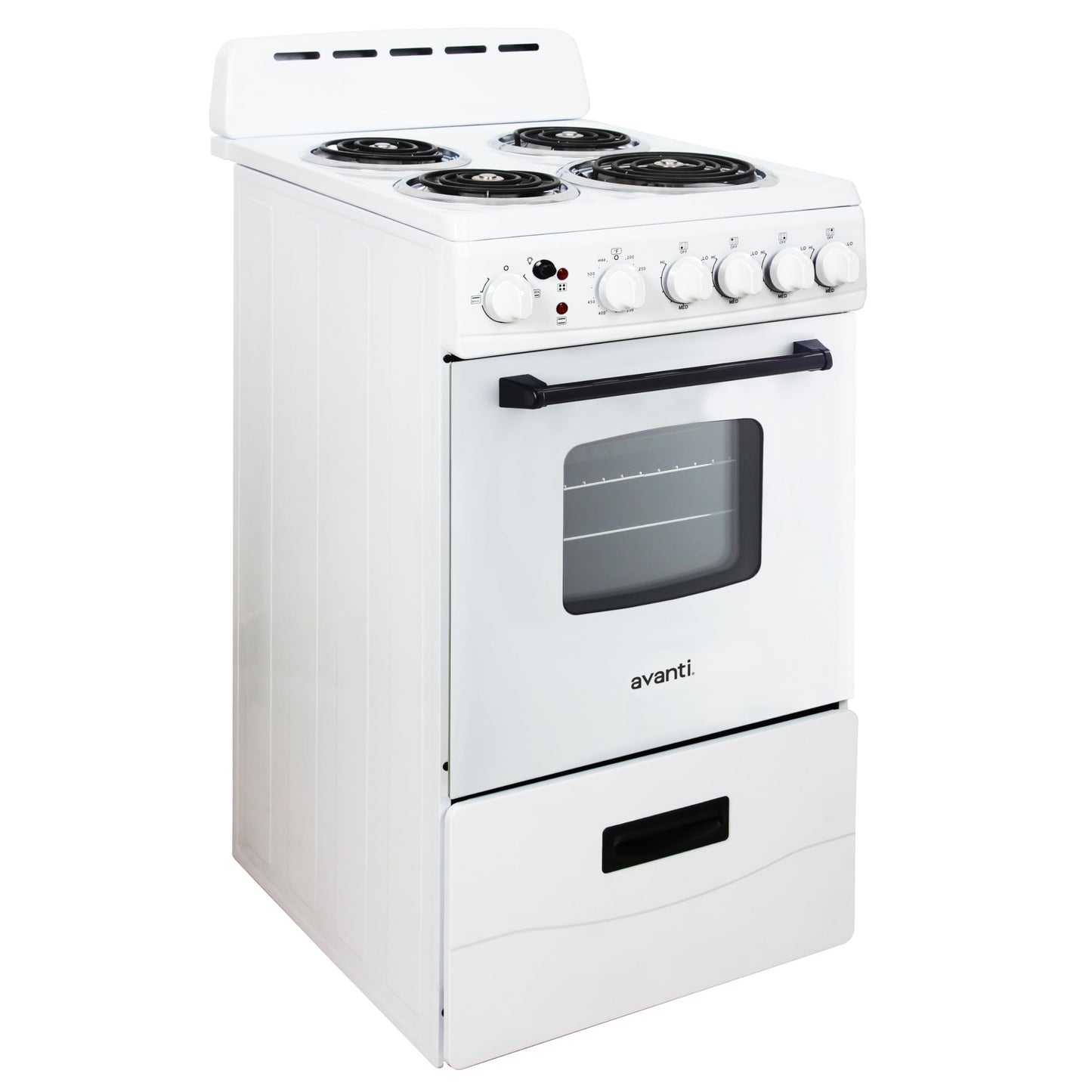 Avanti Electric Range Oven Compact Design, 2.1-Cu.Ft. Capacity with 4 Coil Burners, Framed Glass Oven Door, Storage Drawer and Broiler with Pan, 20-Inch, White