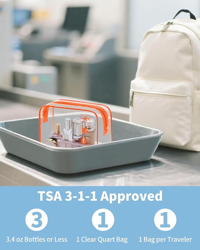 WANDF TSA Approved Toiletry Bag, 2 Packs Travel Clear Toiletry Bag, Quart Size Makeup Cosmetic Pouch with Zipper, Carry-On Airport Compliant Bag for Women and Men (2pcs Orange)