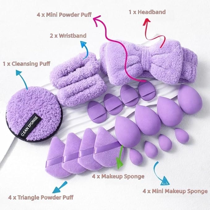 20 Pcs Makeup Sponges Set Beauty Blender Triangle Puffs Mini Sponge Spa Headband & Wristband Remover Pad Cosmetic Applicator for Powder Foundation Liquid Cream Multi - Functions Kit (Purple)