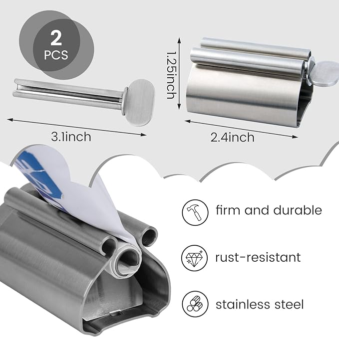 LOVEINUSA Toothpaste Tube Squeezer Dispenser, 2PCS Toothpaste Roller Squeezer Tool Metal Tooth Paste Holder for Bathroom, Silver
