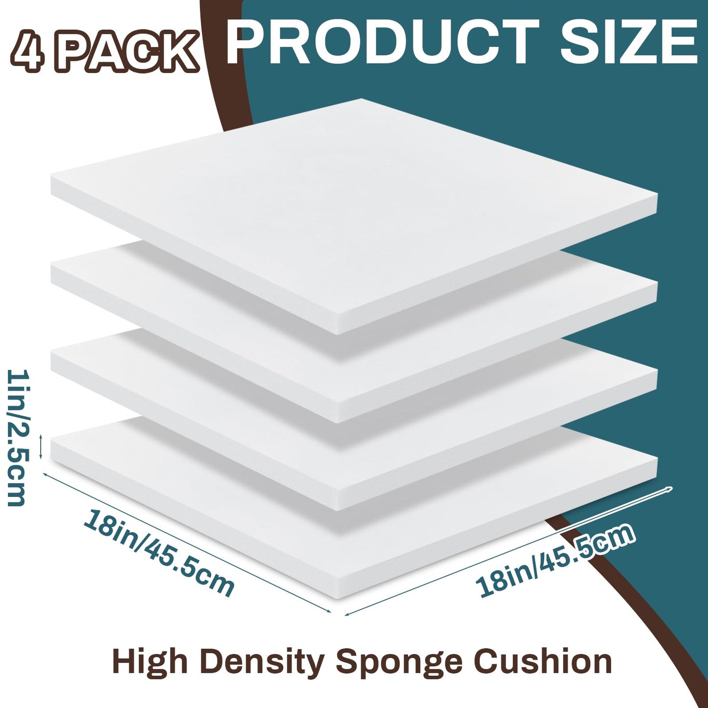 Frienda 4 Pack 1" x 18" x 18" Upholstery High Density Foam Cushion Seat Replacement Square Cut to Size Foam Couch for Patio Furniture Commercial Dinning Chair Couches Benches Padding DIY Projects