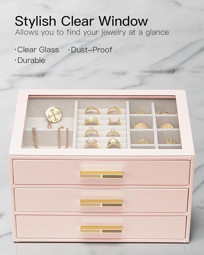 Vlando Jewelry Box for Women, Glass Lid Jewelry Organizer with 3 Drawers for Necklaces Rings Earrings Bracelets Mother Day Gift for Mom - Dark Pink