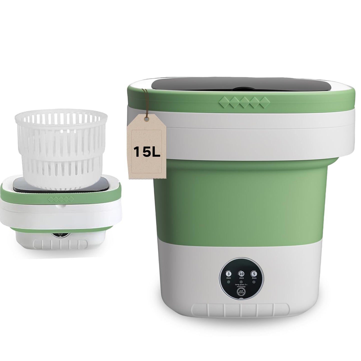 15L Mini Portable Washing Machine, Collapsible Washer with 3 Cleaning Modes for Underwear, Baby Clothes, Small Foldable Laundry for Travel Apartment Home Dorm Hotel Camping (White Green)