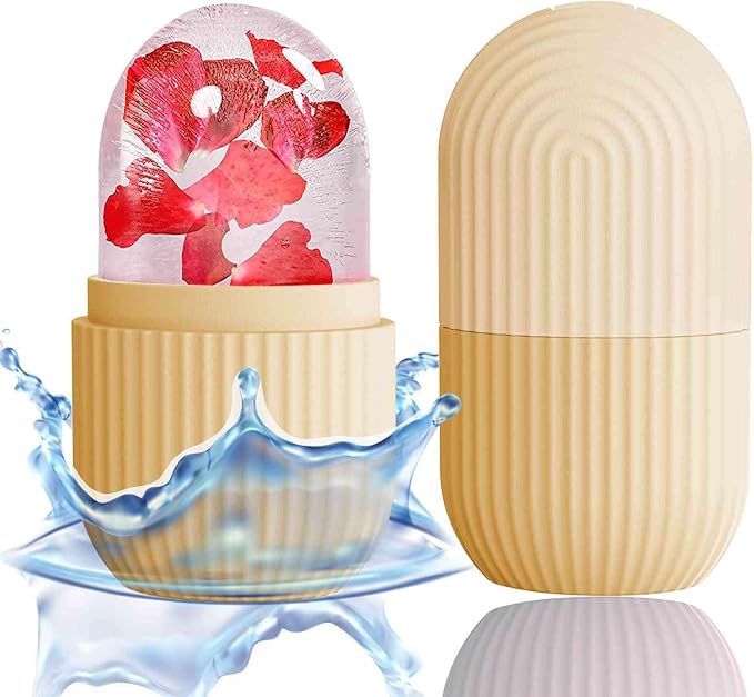 XHJRI Ice Face Roller Massager,Ice Cube Roller for Face, Eyes and Neck Naturally Conditioning and Skin Care,De-Puff Eye Bags,Reduce Migraine Pain,Reusable Massage Silicone Ice Mold (Beige)