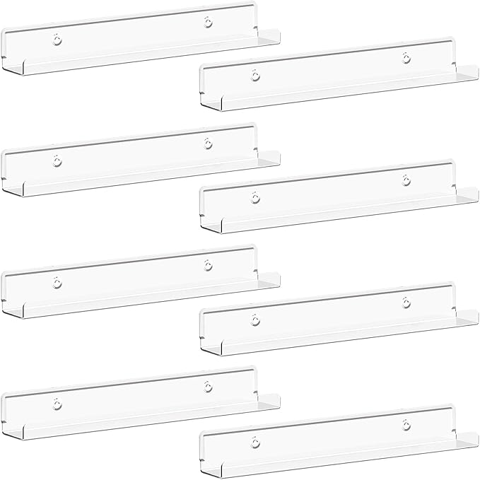 Lifewit Narrow Floating Shelves for Vinyl Record 8 Pack, 12" Clear Wall Shelves for Nail Polish/Book/Picture/Makeup, Acrylic Wall Display Shelf Organizer for Bedroom, Living Room, Bathroom Decor