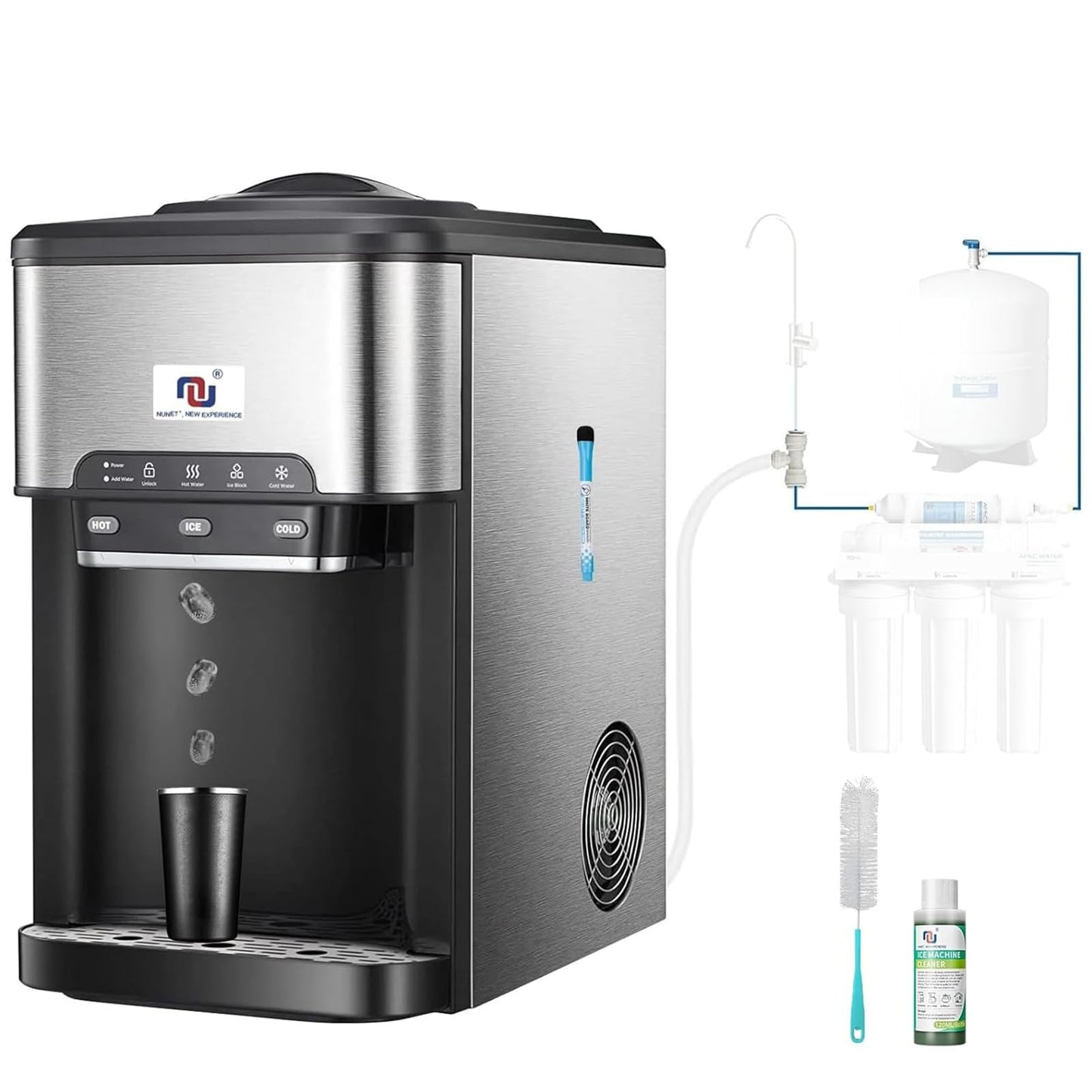 NUNET 3-in-1 Ice Maker Water Dispenser Water Cooler Filled by Water Line w. 10ft Water Inlet Hose 1/2" &1/4" Connector Hot/Cold Water Ready Makes 44 lbs Ice Daily Stores 4lb Ice