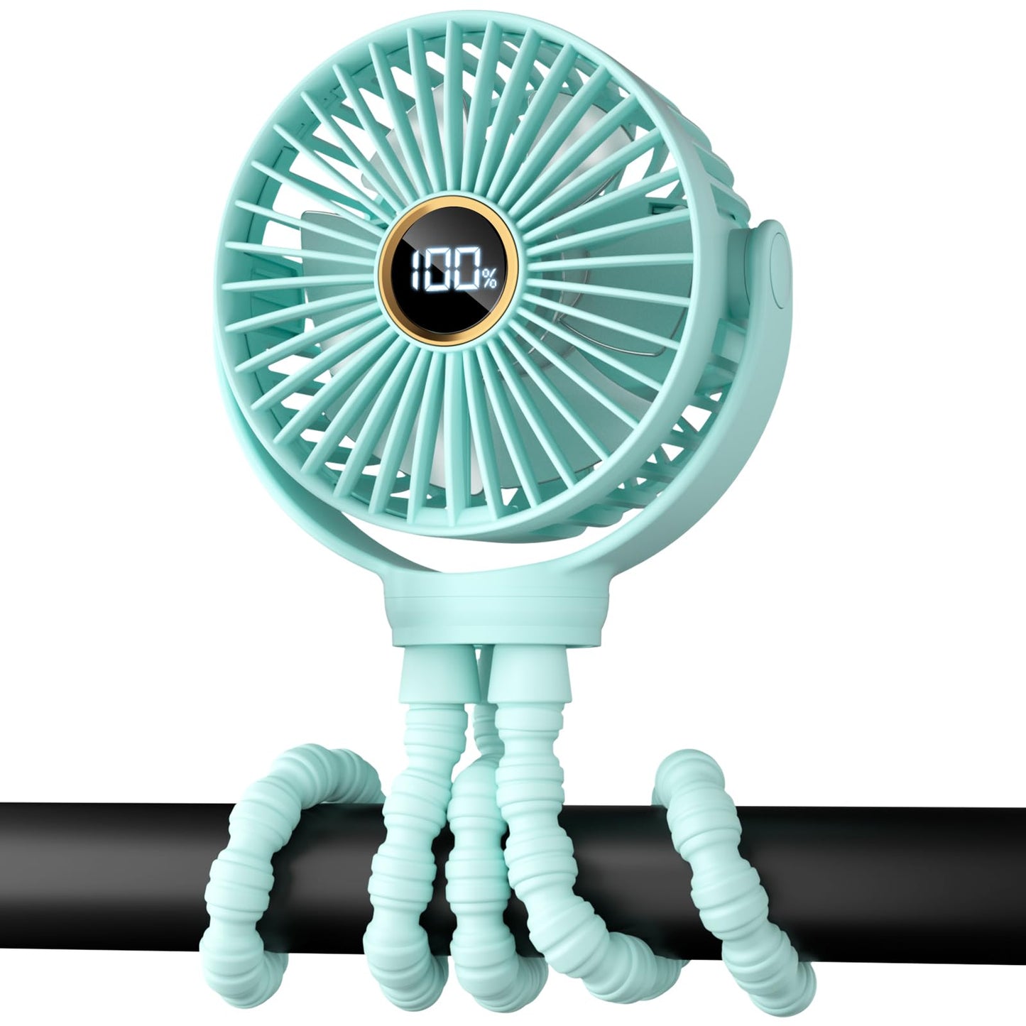 Portable Stroller Mini Fan, Small Rechargeable Personal Fan, Travel Essentials for Baby, Wagon, Car Seat, Treadmill, Battery Powered Biking Gear Accessories, 360° Rotation, 3-Speed, Display, Aqua