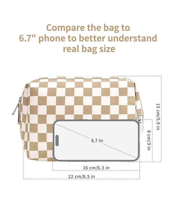 Narwey Checkered Makeup Bag Travel Cosmetic Bag Organizer Toiletry Bag Make Up Bags with Compartments for Women Girls (Large, Khaki Checkerboard)