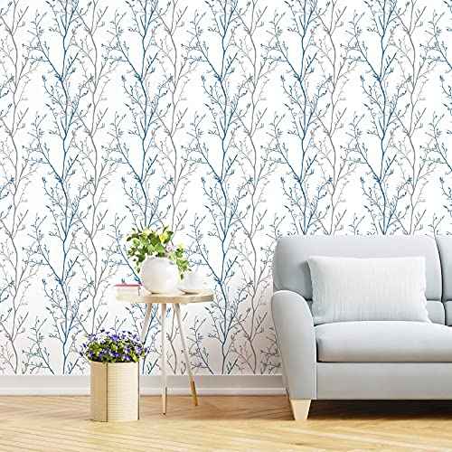 WENMER Grey Blue Tree Branches Contact Paper 17.71' x 118' Peel and Stick Self-Adhesive Removable Wallpaper for Bedroom Living Room Walls