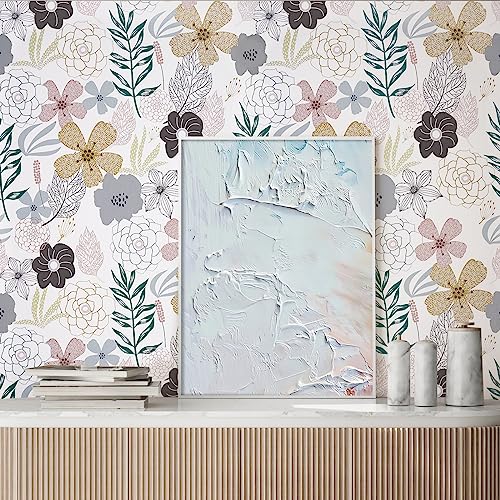 Mecpar Floral Peel and Stick Wallpaper 17.71'' x 118'' Pink Perennial Blooms Contact Paper - Vinyl Self Adhesive Removable Waterproof for Bathroom Cabinet Decorative