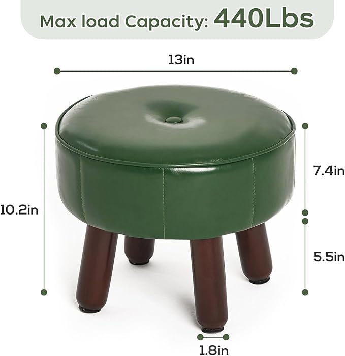 oakvivo 13in Small Foot Stool Ottoman, Round Faux Leather Foot Rest for Couch, Under Desk Pouf Footstool Footrest with Non-Skid Rubber Legs for Ling Room, Bedroom, 13''L x 13''W x 10.2''H, Green