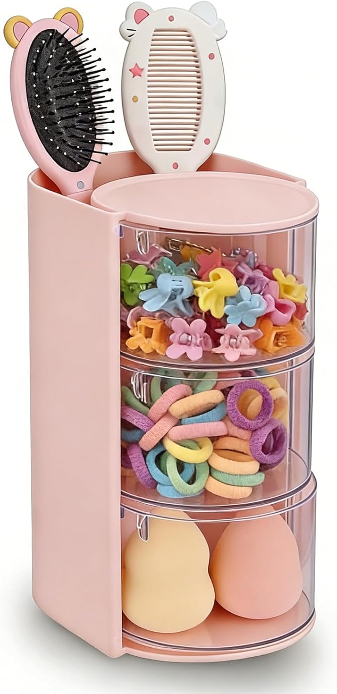 Hair Accessories Organizer for with Hair Brush Holder, Divided Rotatable Makeup Easy Organization of Hair Clips, Rings, Earrings, Makeup Brushes, Hair Clip and Hair Accessories (Pink, 3-Layer)