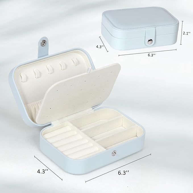 Hatori Travel Jewelry Box, PU Leather Small Jewelry Organizer for Women Girls, Double Layer Portable Mini Travel Case Display Storage Holder Boxes for Stud Earrings, Rings (Light Blue)