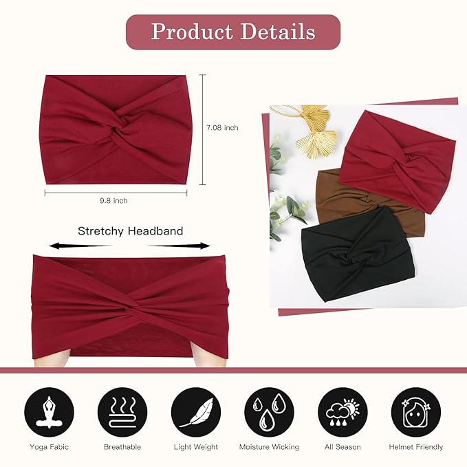 Tobeffect 7'' Extra Wide Headbands for Women, Large Thick Turban Head Wrap Headband, Boho Bandana Head Bands for Women's Hair, Non Slip Workout Yoga Hairband Hair Accessories, 6 Pack