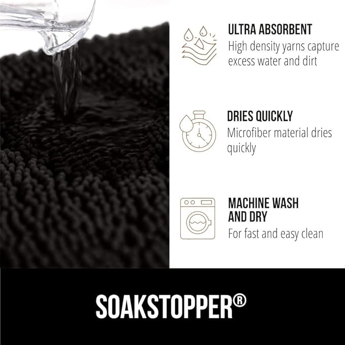 GORILLA GRIP SoakSTOPPER Dog Door Mat, 48x30 Machine Washable Rug Absorbent Doormat Captures Moisture Mud Dirt, Quick Dry Soft Chenille Entryway Rugs Indoor Entrance Mats for Dog Paws, Black