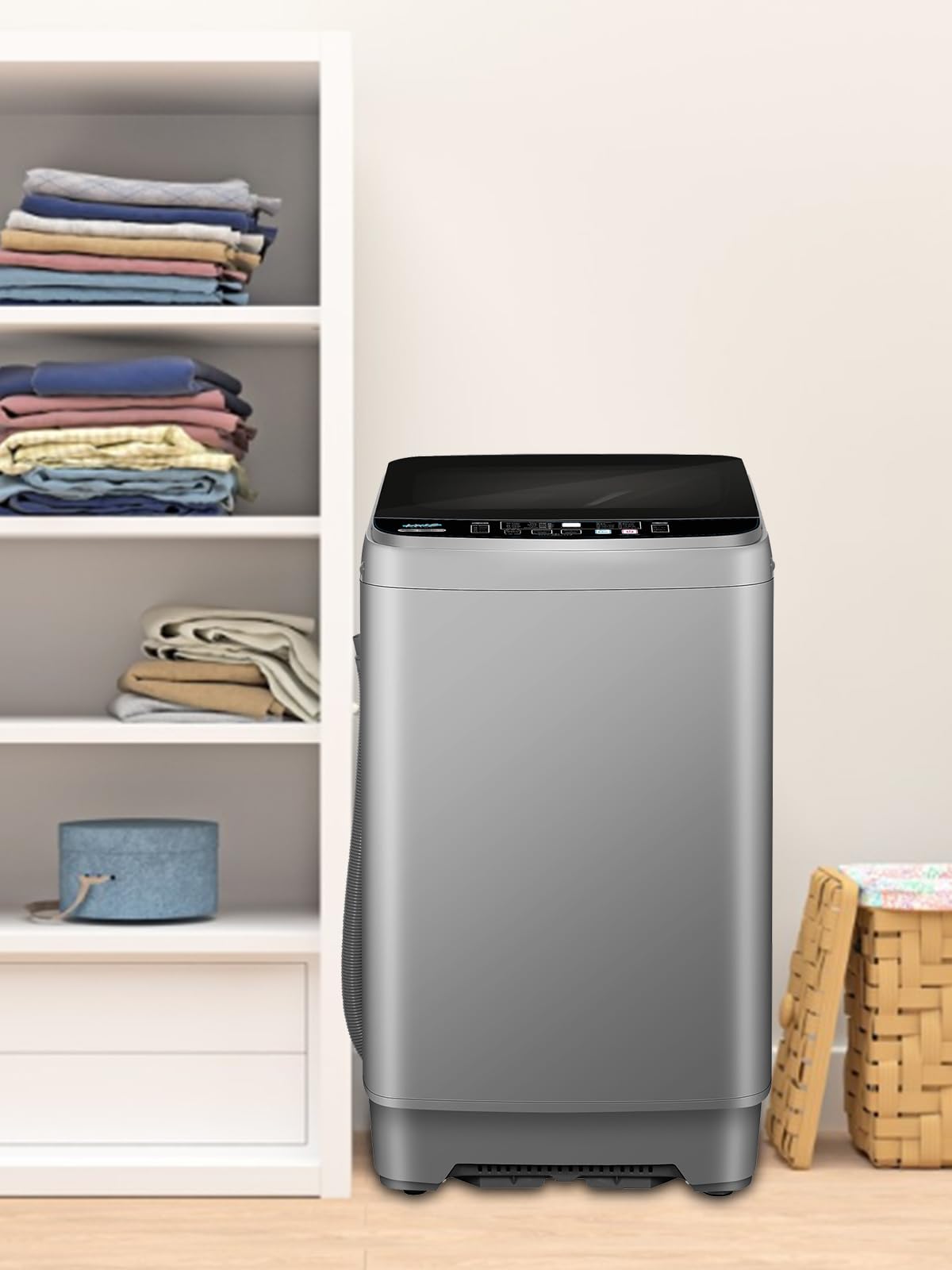 KRIB BLING Full-Automatic Washing Machine with LED Display 25 lbs Portable Washer 10 Wash Program & 8 Water Level Drain Pump Ideal for Camping, Apartment, Dorm Grey