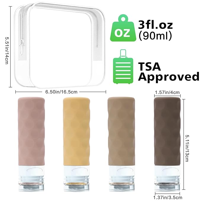 Silevoler Travel Bottles for Toiletries, 4pcs Tsa Approved 3oz Travel Size Containers, BPA Free Leak Proof Premium Silicone Bottles, Refillable Liquid Squeezable Accessories W/Toiletry Bag（Apricot）
