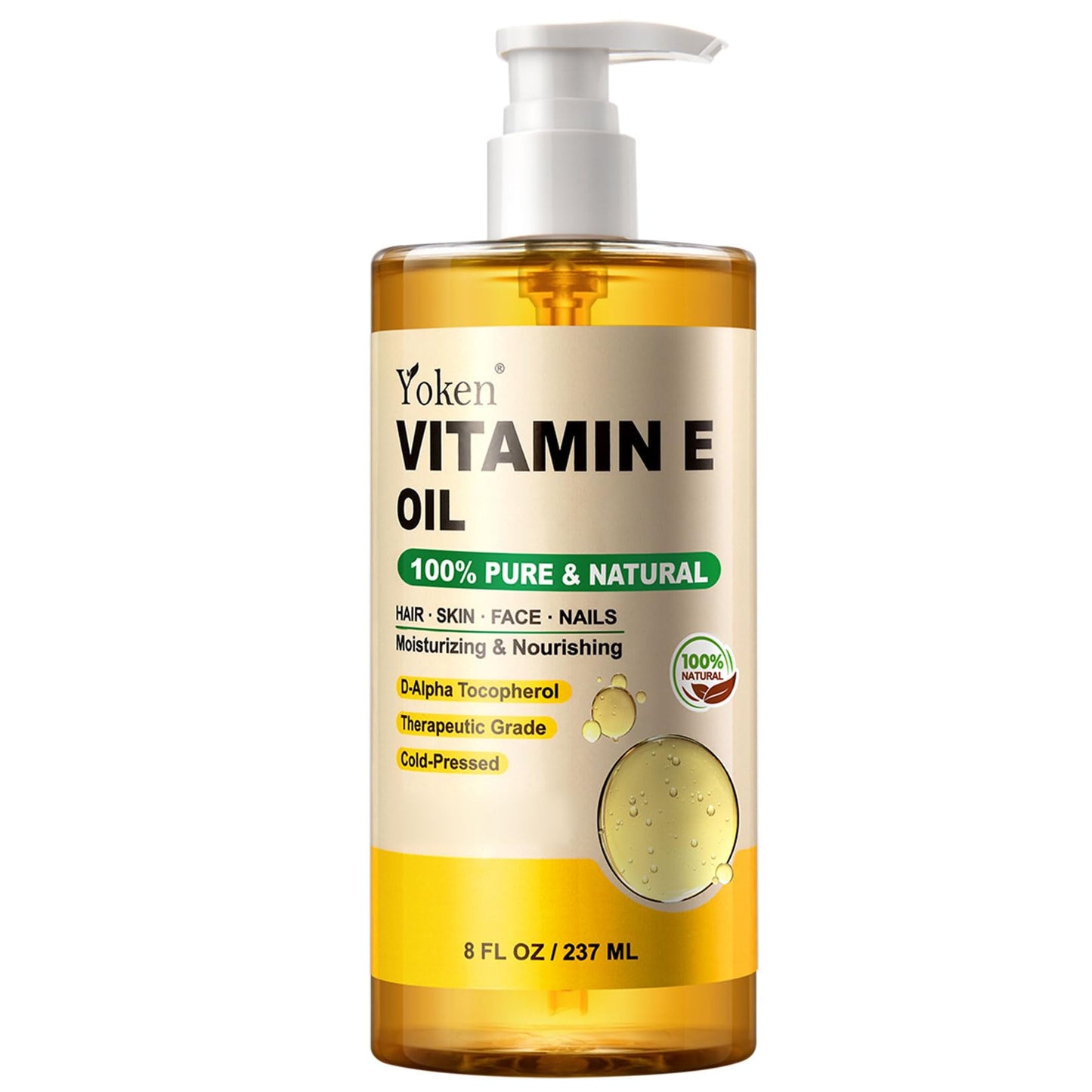 Yoken Vitamin E Oil 8 Oz Vitamin E oil for Skin Vitamine oils for Face Perfect Bath and Body Oil Cold Pressed Hexane Free Non-GMO Gluten Free Formula