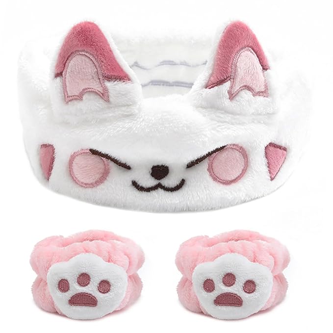 Canitor Face Wash Headband With Wrist Bands - Soft Coral Fleece Spa Makeup Headband With Cute Animal Cat Ears - Elastic Skincare Wrist Towels