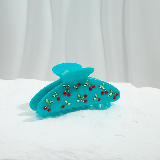 LILIE&WHITE Blue Acrylic Hair Clips For Women Cherry Hair Clip Claw With The Rhinestone Pattern In Red Cherry Strong Hair Fix Hair Clips Jewelry Fashion Gift For Women Hair Accessory