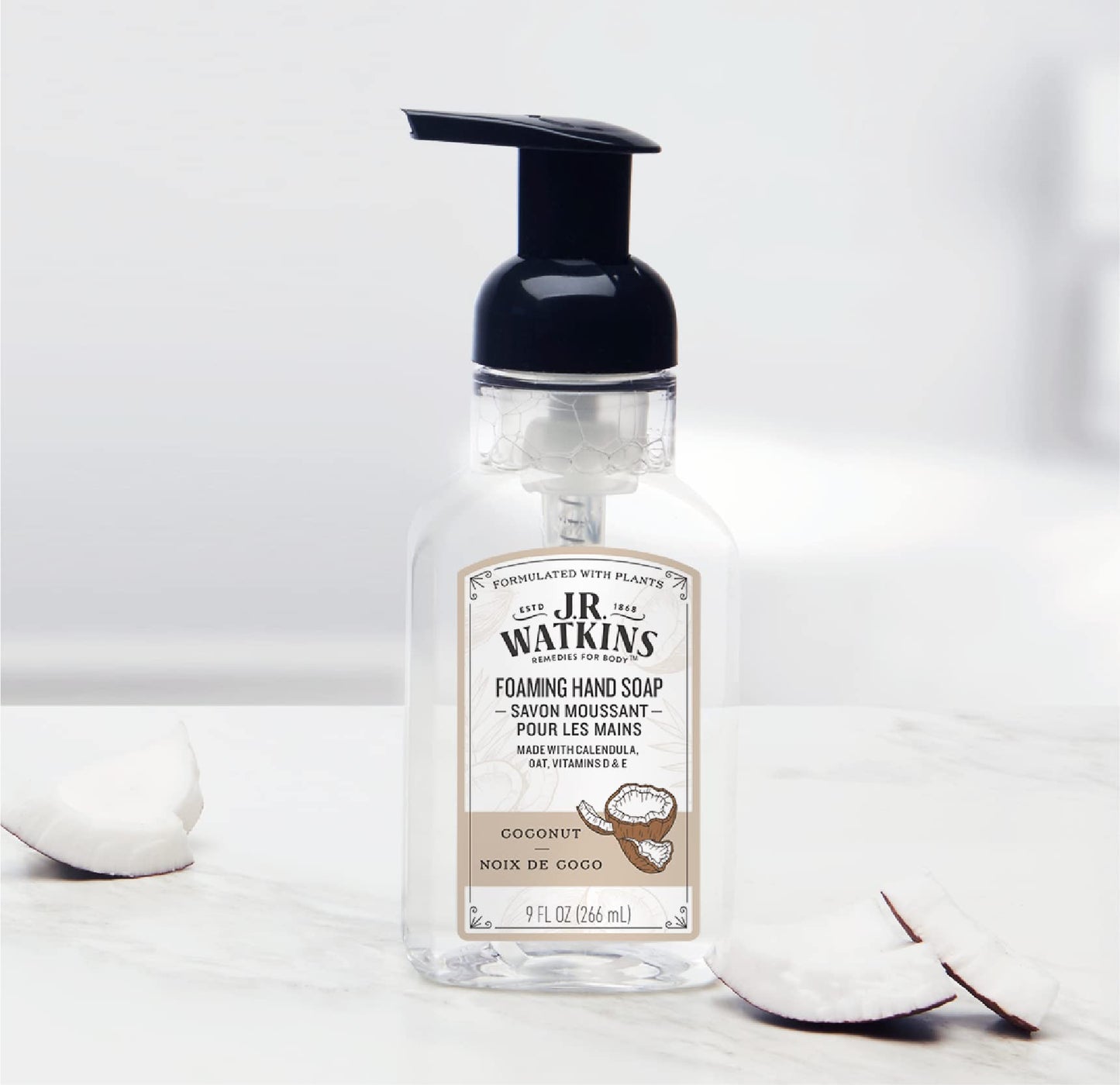 J.R. Watkins Foaming Hand Soap Pump with Dispenser, Moisturizing Hand Soap Foam, Alcohol-Free and Cruelty-Free, Use for Kitchen or Bathroom, Noix De Coco/Coconut, 9 fl oz, 3 Pack