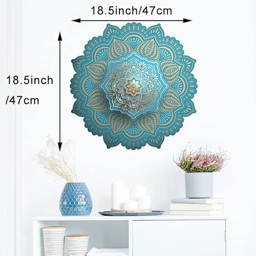 Pinenjoy Large Mandala Wall Decal Blue Lotus Flower Wall Sticker Removable Indian Namaste Vinyl Wall Art Mural 18.5x18.5inch for Yoga Meditation Living Room Bedroom TV Sofa Background Decors